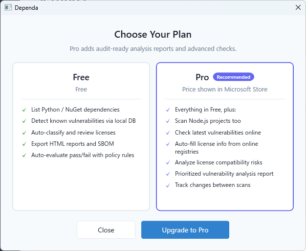 Plan Selection Dialog